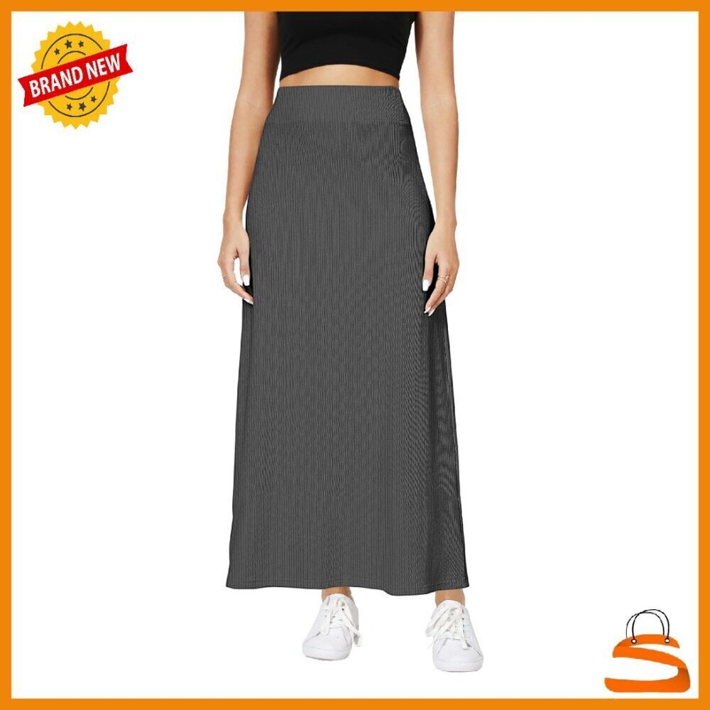 Elastic Waist Knit Maxi Skirt High Waisted Below Knee Casual Warm